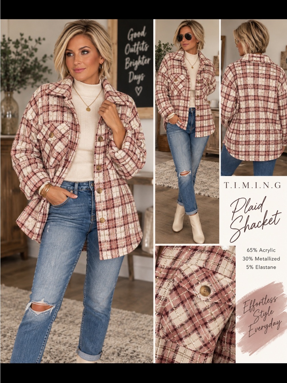Timing Plaid Shacket - Cream & Dusty Rose